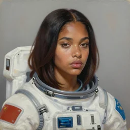 a portrait of a very beautiful POC woman in a spacesuit, Alexandria's genesis, chin-length hair, bored, illustration, soft lighting, soft details, painting oil on canvas by mark arian by artgerm, trending on artstation, 4k, 8k, HD