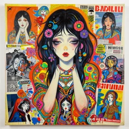 acrylic painting of a bizarre psychedelic woman in japan surrounded by sadness, mixed media collage by basquiat and jackson pollock, maximalist magazine collage art, retro psychedelic illustration