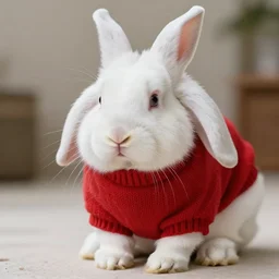 A photograph of a tired albino bunny wearing a red sweater.