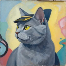 Portrait painting of an anthropomorphic gray cat wearing as Soviet leader, medium shot, asymmetrical, profile picture, Organic Painting, sunny day, Matte Painting, bold shapes, hard edges, street art, trending on artstation, by Sergey Kolesov