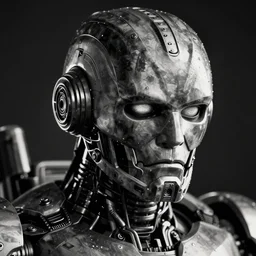 night lowlight backlit hd detailed cinematic photo 35mm Leica Zeiss Robocop tired angry retro machine parts  monochrome Closeup portrait