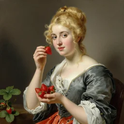 A beautiful Blonde Woman with Locks selling strawberries in the style of Jean-Joseph Benjamin-Constant, Portrait