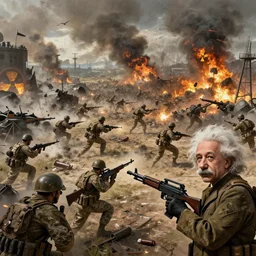 United States Air Force alongside Albert Einstein, epic battle, huge fight, massive battlefield, ground fight, war torn landscape, soldiers, US soldiers, US army, guns, rifles, radioactive battlefield, digital art, trending on art station, extremely detailed, 8k