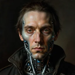 portrait of a cyberpunk character from the 1 6 th century, ( ( ( art by caravaggio ) ) ), cybernetic implant, award winning, masterpiece, intricate, dramatic light, detailed face, highly detailed, asymmetrical, dark