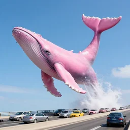 a giant pink whale falling our of the blue sky onto cars on a bridge