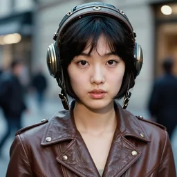 ektachrome, 5 0 mm portrait lens, highly detailed : incredibly realistic, youthful asian demure, feminine cut, exquisite features, close up portrait photo 1 9 7 0 s frontiers in flight leather suit cosplay, street photography fashion shoot, evening, vivian maier,