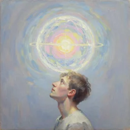 An orb of light orbiting around a man's head, oil on canvas painting, pastel colours