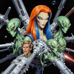 old photo of 4 headed radial aliens headed space station, one head with long orange - blue parted hair by jack kirby, jack gaughan, virgil finlay, alberto bontempi, shigeru komatsuzaki, wayne d barlowe, alex ross, enric torres, simon bisley & boris vallejo, alex ross, enric torres, hyper realism, cinematical