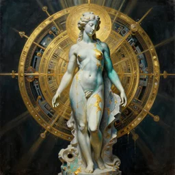 art by camille corot, zeng fanzhi, teal chinese abstract shattered statue standing in god rays, beautiful female body and golden glue dripping acrylic portrait, mechanical superstructure, sacred geometry, supermodel body, beautiful light, statue of carving marble, intricate 8 k render, dark mood, cinematic light, golden spirals, clockwork