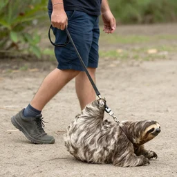 a photo of a man walking his sloth on a leash