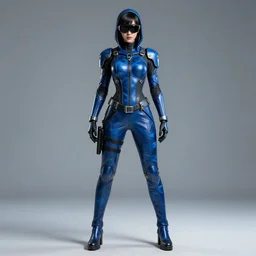 full body shot of tao okomoto as futuristic female japanese assassin wearing skin tight blue leather optical camouflage armor, night goggles and an exoskeleton, studio lighting
