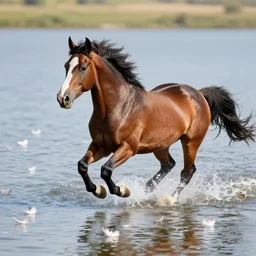a horse running in a lake full of feathers, photo realistic, well detailed, 8k