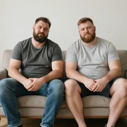 your father and your brother who are both tall burly and hairy strongmen inviting you to sit between them on the couch, photography