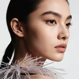 close up of face of fashion model looking to the right, feather dress, official balmain editorial, highly detailed