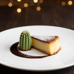 a fine dining dessert plate of cake, cactus and chocolate sauce, sugar sprinkled, food photography, michelin star, fine dining, bokeh