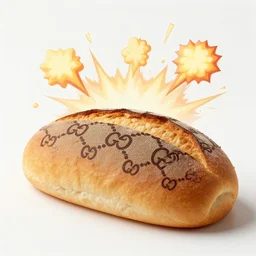 gucci bread, bread designed by gucci, bread with gucci pattern, explosions in the background
