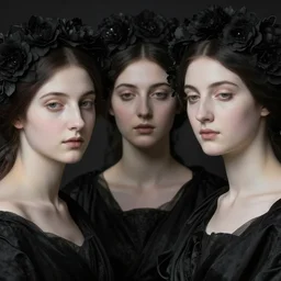 hyperrealism close - up mythological portrait of three beautiful medieval women partially made of black flowers in style of classicism, pale skin, ivory make up on the eyes, wearing black silk robes, dark and dull palette