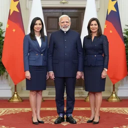 full body official photo portrait of a prime minister and his two girlfriends