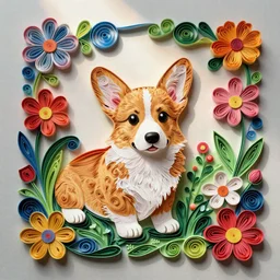 intricate paper quilling, corgi puppy, flowers, swirls, vibrant, colorful