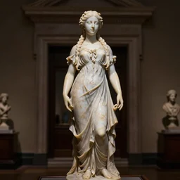 a marble statue masterpiece of a daughter of the moon clan, with long, braided hair. standing in an old museum. nightime, low light. strong, dabbled light falls on her face. full body portrait photo. macro detailed oily skin. highly detailed, sharpness. victorian dress. hyper realistic.