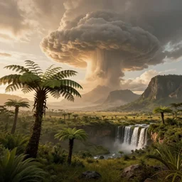 a prehistoric savanna with giant ferns, waterfall, mountains, towering cumulonimbus clouds, sunset, volumetric lighting, washed out colors, an award winning digital render, beautiful, ultradetailed, hyperrealistic, great composition
