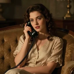 beautiful vintage woman sitting in a loveseat using a rotary phone, cinematic lighting, caravaggio, artstation