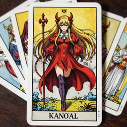 hatsune miki, intricate, amazing line work, colorful, tarot cards, the devil tarot card