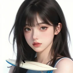 a beautiful emo girl with beautiful eyes and a detailed face is surfing on a surf board in a magical blue lagoon, pirate ships, clear water, palm trees, digital illustration, art by greg rutkowski, intricate, elegant, smooth, amazing detail, concept art, sharp focus, cinematic lighting, fantasy, epic, hd