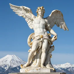 thus spoke zarathustra, serpent and eagle, statue, by michaelangelo, by bernini, gold accents, white marble, sunshine, mountaintop, snow, highly detailed,