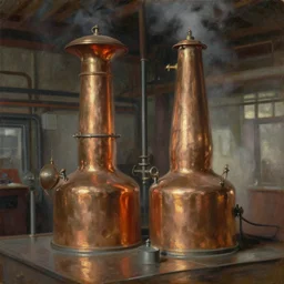 oil painting of copper still in factory setting, art by anders zorn, wonderful masterpiece by greg rutkowski, beautiful cinematic light, american romanticism by greg manchess, reflections in copper, sunlight, dust and steam