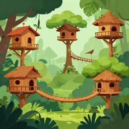 cartoon vector graphics art of a jungle with treehouses connected by curved wooden bridges