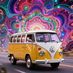 VW Microbus driving, Synthwave, aesthetic, psychedelic, trippy, visuals, fractals, 4k, Rendered in Unreal Engine, octane render