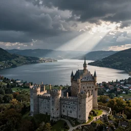 fantasy landscape, lake in the distance, castle in the foreground