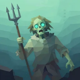 low poly painting by caravaggio of a drowned zombie holding a trident with glowing cyan eyes, wearing ragged clothing, holding a trident, underwater, pastel green and blue color palette, low poly