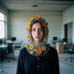 a woman wearing a hood made of wire and zinnias, in an abandoned office building, by vincent desiderio, canon eos c 3 0 0, ƒ 1. 8, 3 5 mm, 8 k, medium - format print