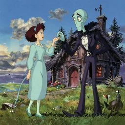 an anime film by miyazaki of studio ghibli and tim burton, with scoring by danny elfman in the spirit of christmas, of a pastel goth vampire squid woman learning how to live in an empty cottage by herself on dry land, old vintage vhs, scan lines, grainy quality, real anime