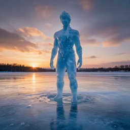 photo of a Frozen Human Giant stuck under the ice transparent frozen lake at sunset by marc adamus beautiful dramatic lighting