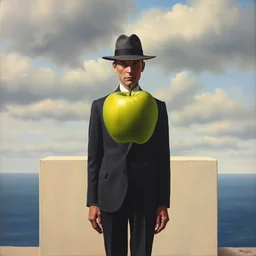a surreal oil painting painting of the front on view of a man in a business suit and bowler hat standing in front of a short wall, a green apple is floating directly in front of his face, grey clouds and calm ocean are behind him, by rene magritte