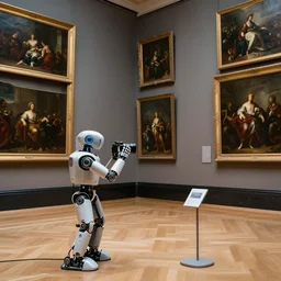 a professional photo of a museum full of classical oil paintings. on the floor there is a futuristic hi tech robot holding a camera.