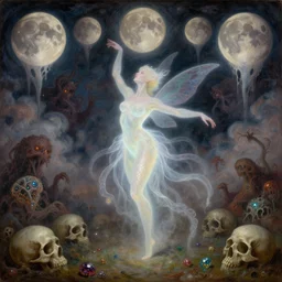 concept art of translucent glowing curvy fairy dancing, lovecraftian, surrealism, renaissance, melting, round moons, rich clouds, fighting the horrors of the unknown, very detailed, volumetric light, mist, fine art, decaying, textured oil over canvas, epic fantasy art, very colorful, ornate intricate scales, floor of skulls, fractal gems
