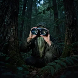 a creeture hiding in the forest through a night vision