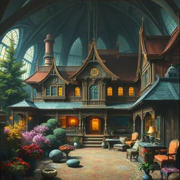 colorful, creepy landscape painting of detailed interior of a giant western style mansion, old marquis maeda house in tokyo by craig mullins