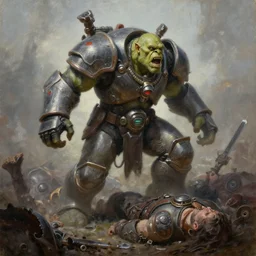 oil painting of a single giant orc in futuristic armor roars as it steps over it's fallen enemy's bodies