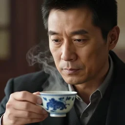 senator steven armstrong from metal gear solid holds a small porcelain cup with tea from which steams, romanticism style, detailed facial proportions