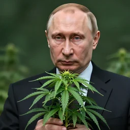 Vladimir Putin holding a giant marijuana plant, detailed face, realistic face, amazing digital art, highly detailed, trending on artstation