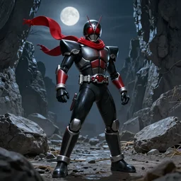 Biomechanical Kamen Rider with a red scarf billowing behind him standing in a rock quarry, full body single character, League of Legends Character Splash Art, rubber suit, Arcane style, action scene, fight scene, good value control, high quality, 4k, ultra realistic, highly detailed, illustration, matte painting, rule of thirds, centered, cinematography, moonlit night,