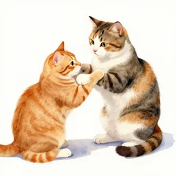 a calico cat plays with an orange tabby cat, watercolor