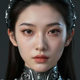a portrait of an single asian goddess, detailed, realistic eyes, symmetry features proportions, intricate facial details, cybertech wear, award winning, trending in cgsociety artstation deviant art
