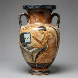 photo of an anceint greek vase depicting a man playing games on his computer with his back hunched, 4 k, award winning photograph, museum photograph, highly detailed