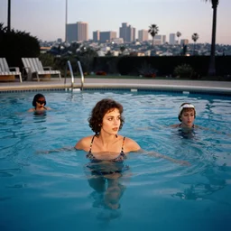 one woman in the pool, another women under water, film camera style, la piscine 1 9 6 9 film aesthetics, 1 9 7 0 s, los angeles landscape on the background, evening,